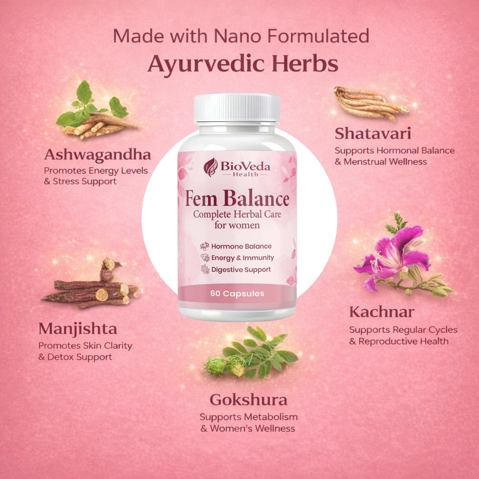 BioVeda Health Fem Balance Capsules for Women | Herbal Support for Hormone Balance, Energy, Immunity & Digestive Wellness | Ayurvedic Women’s Health Formula | Natural Daily Wellness Capsules