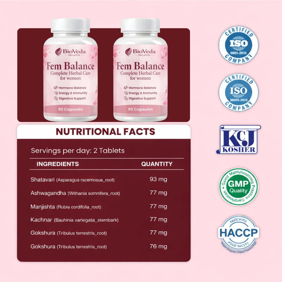 BioVeda Health Fem Balance Capsules for Women | Herbal Support for Hormone Balance, Energy, Immunity & Digestive Wellness | Ayurvedic Women’s Health Formula | Natural Daily Wellness Capsules