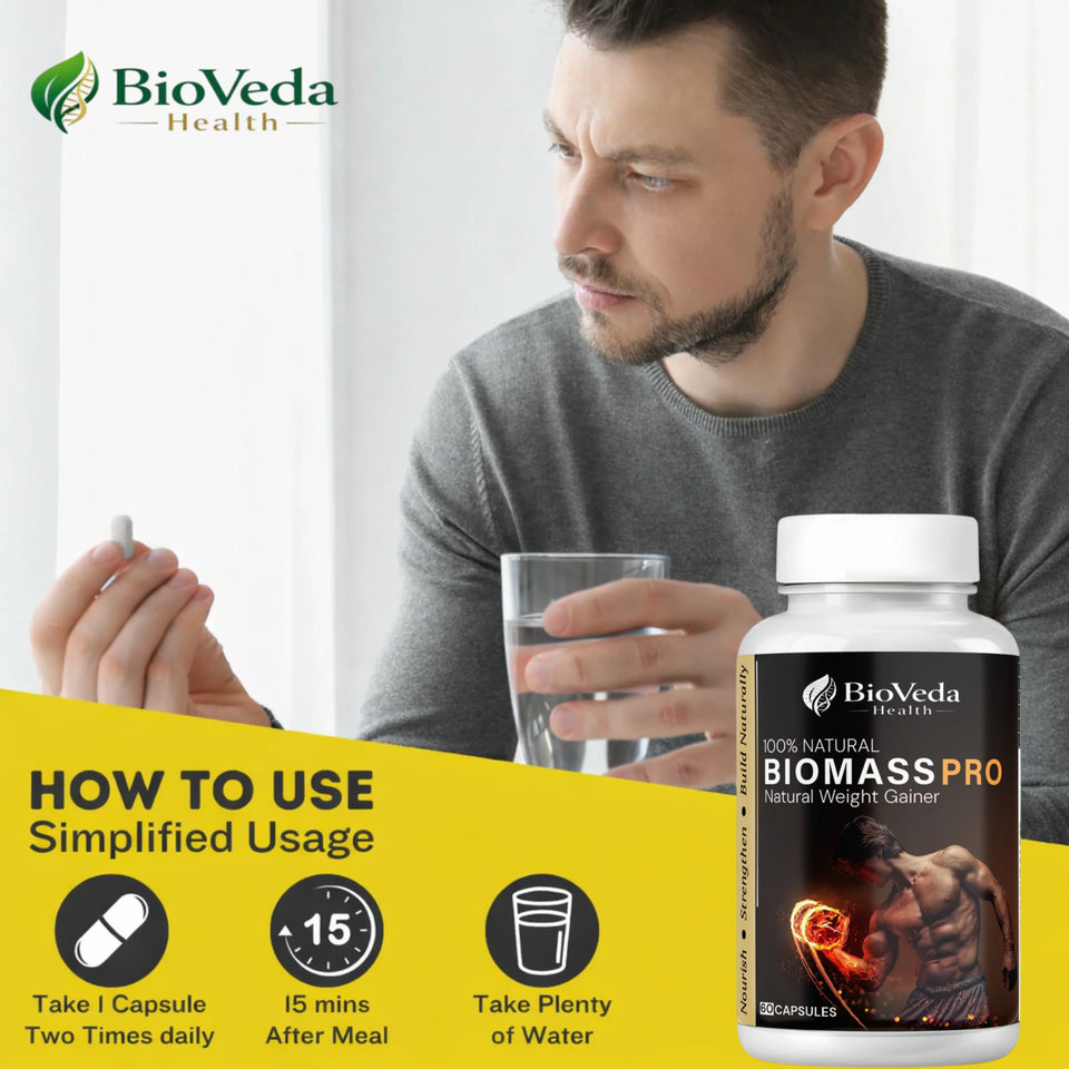 BioVeda Health Biomass Pro Natural Weight Gainer Capsules | Herbal Support for Healthy Weight Gain, Muscle Mass, Strength & Energy | Ayurvedic Wellness Formula for Men & Women