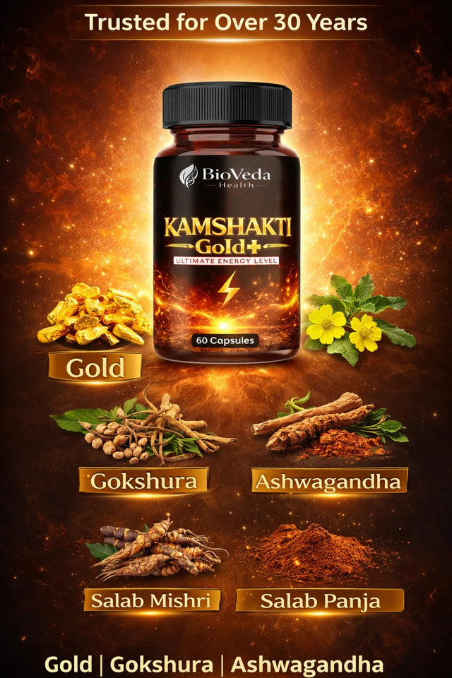 BioVeda Health Kamshakti Gold+ Capsules for Men | Herbal Energy, Stamina & Vitality Support | Ayurvedic Strength & Performance Wellness Formula | Natural Daily Wellness Capsules | 60 Capsules